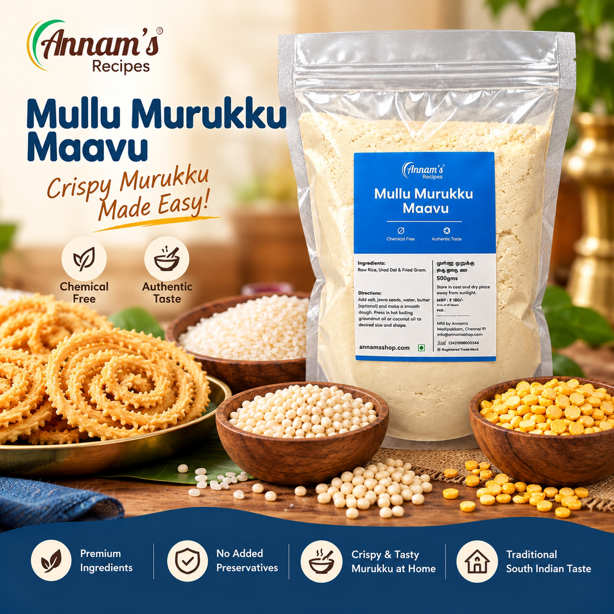 Annam's Murukku Rice Flour 500 g pack and its ingredients