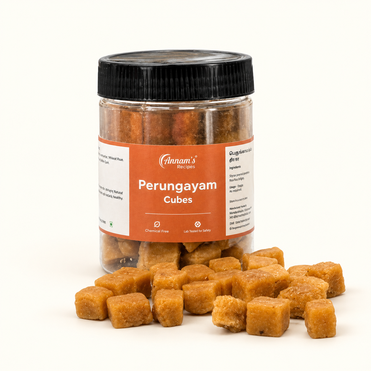 Annam's traditional Perungayam Cube (Katti Perungayam / Asafoetida) – 100g pack with cubes scattered outside