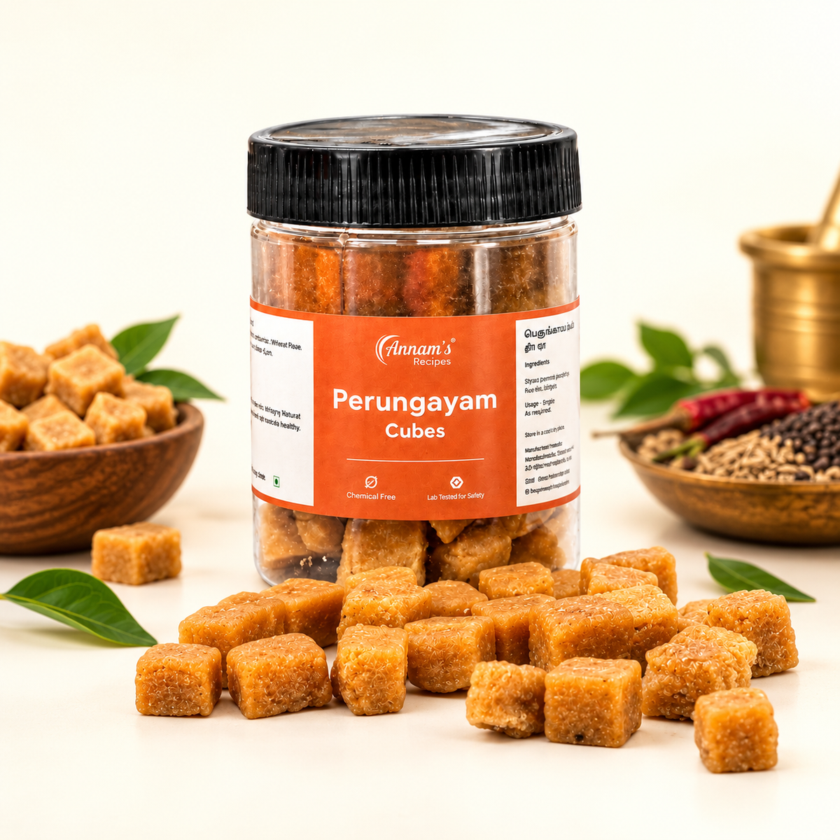 Annam's traditional Perungayam Cube (Katti Perungayam / Asafoetida) – 100g pack with cubes scattered outside, another view