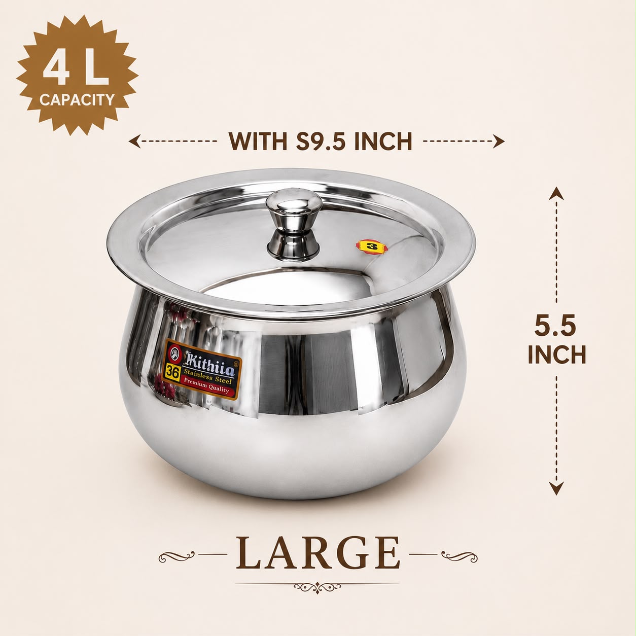 Large Pongal Handi heavy stainless steel with lid
