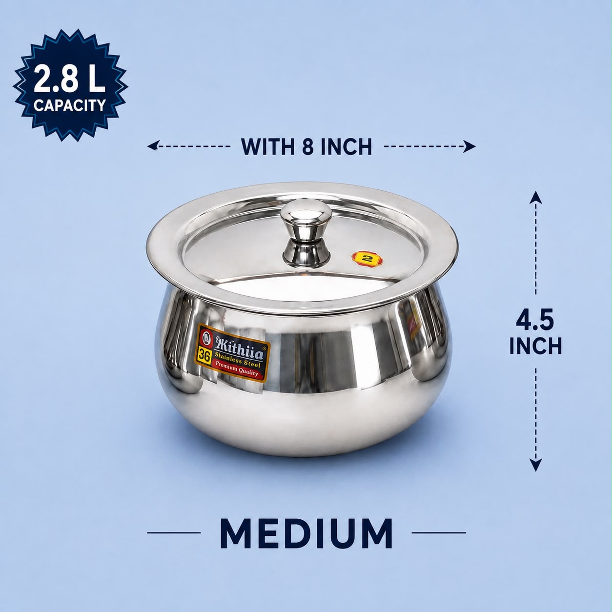 Medium Pongal Handi heavy stainless steel with lid