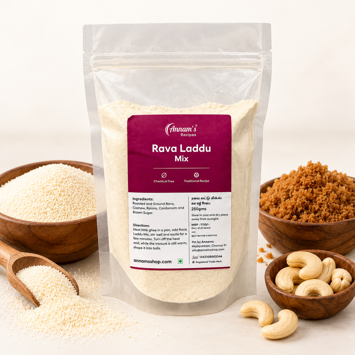 Annam's Rava Laddu Mix – pack with ingredients