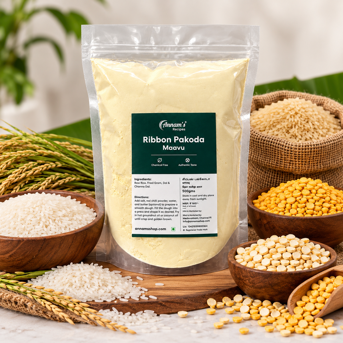 Annam's Ribbon Pakoda Maavu 500 g pack and its ingredients