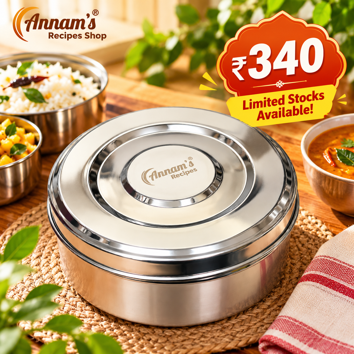 Annam's Ring Chappathi Box in stainless steel – top view