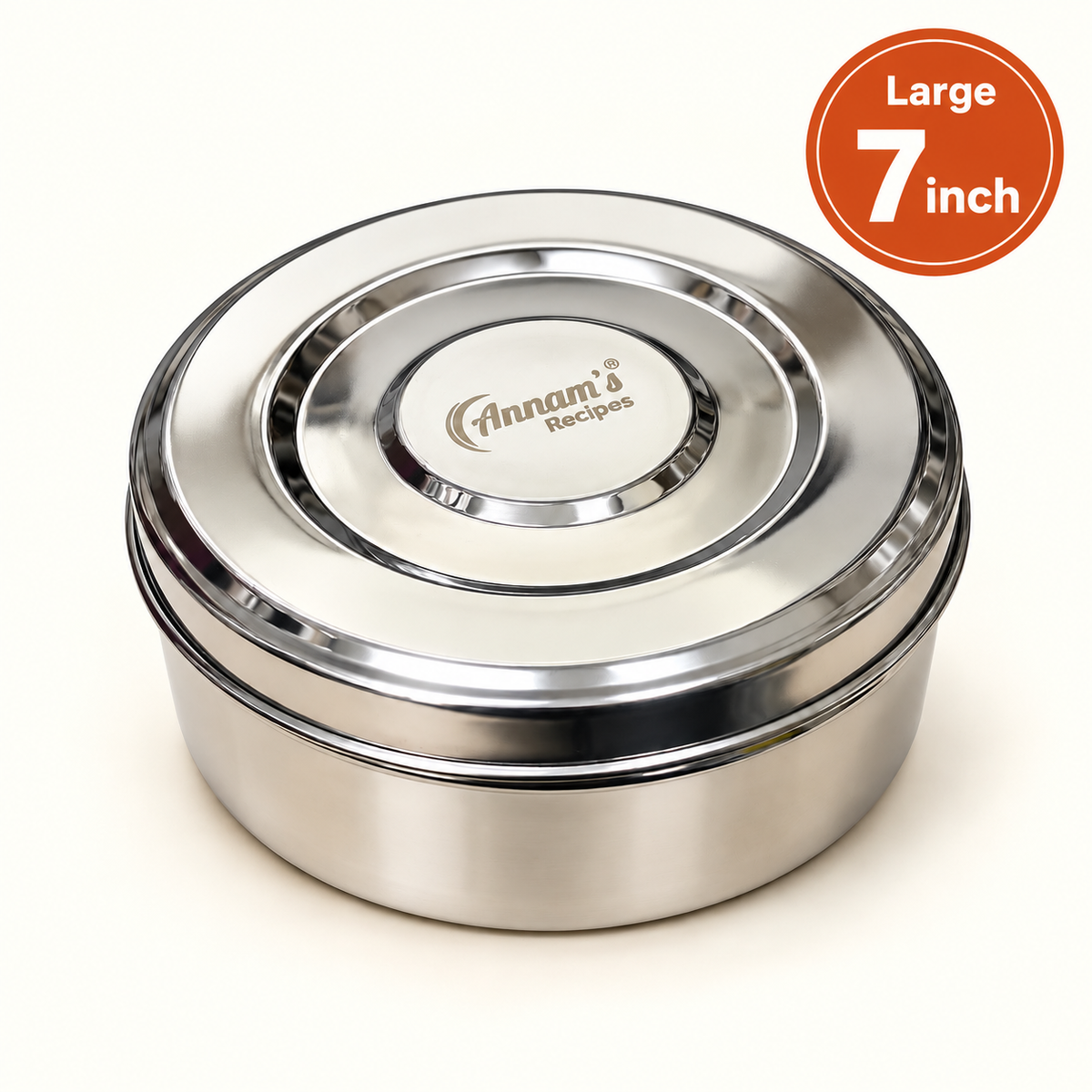 Annam's Ring Chappathi Box in stainless steel – 7 inch diameter, 3 inch height