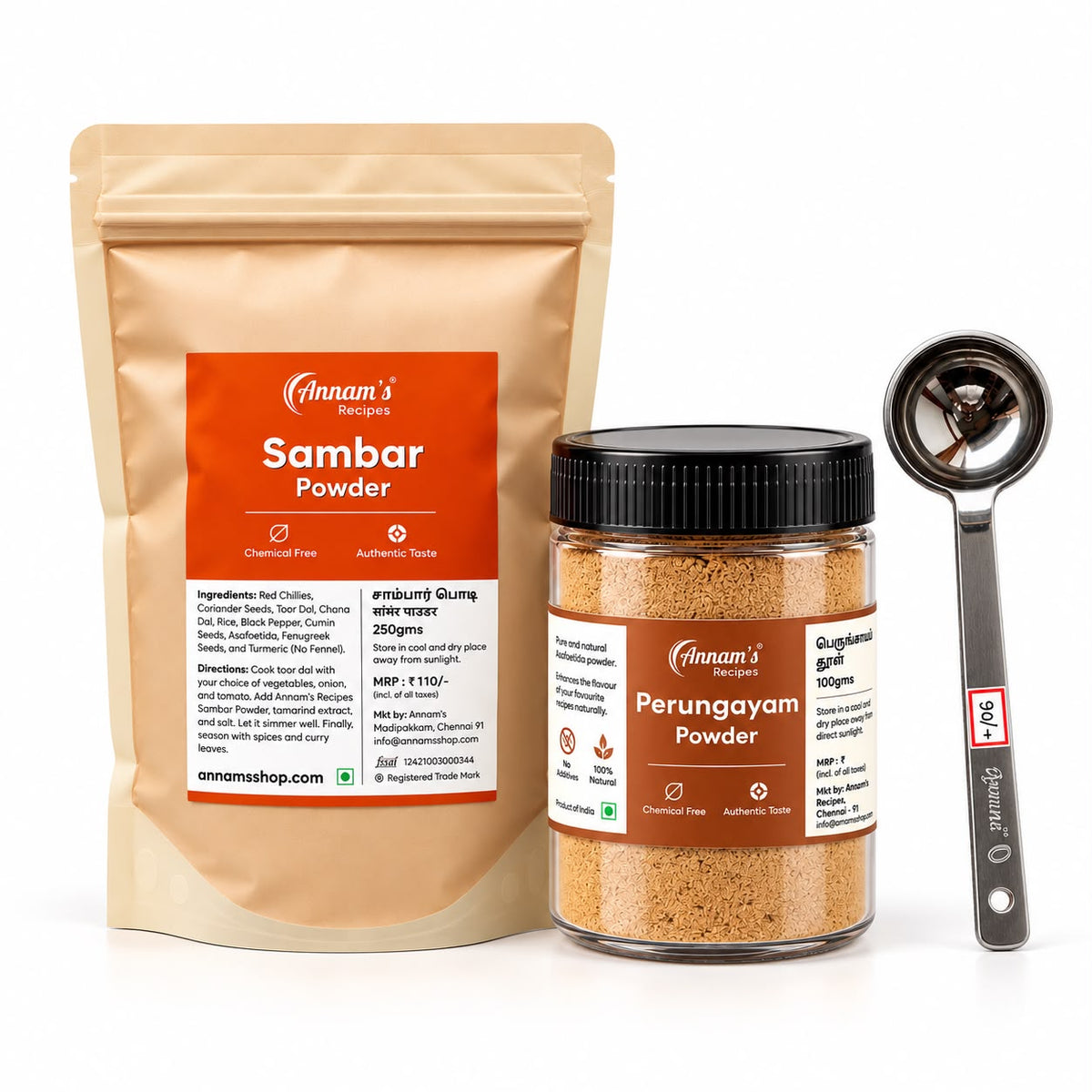 Annam's Sambar Powder and Perungayam Trial Combo with free stainless steel chutney ladle