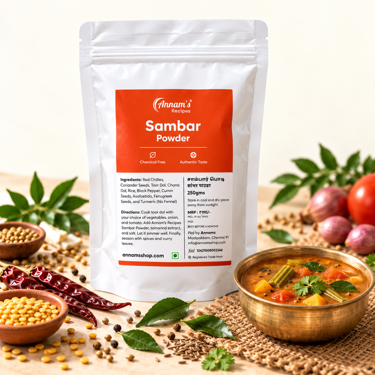 Annam's traditional Sambar Powder (Sambar Podi) with a bowl of sambar