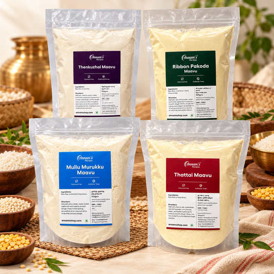 Annam's Savouries Combo – Thenkuzhal, Mullu Murukku, Ribbon Pakoda and Thattai Maavu, 500 g each (2 kg pack)