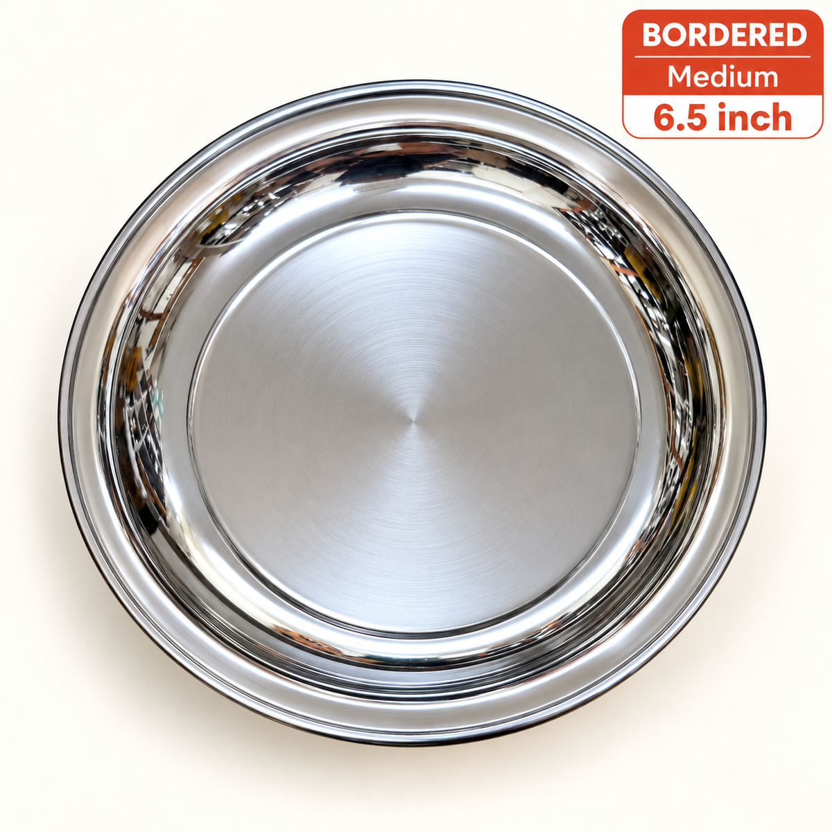 Annam's Snacks Plate in stainless steel – bordered, medium 6.5 inch