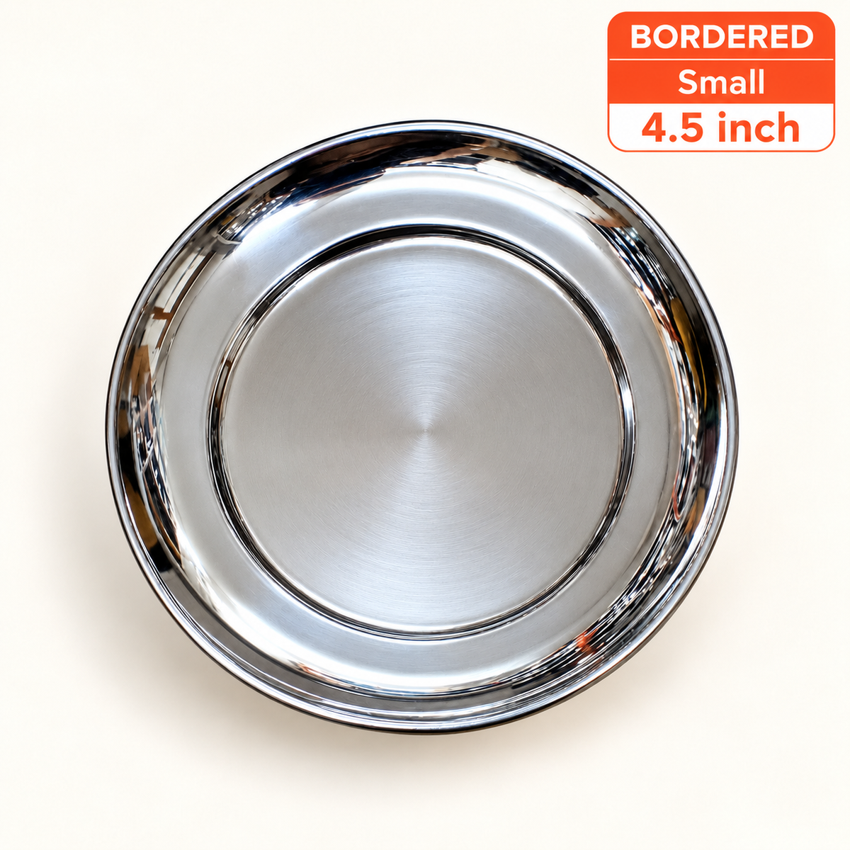 Annam's Snacks Plate in stainless steel – bordered, small 4.5 inch