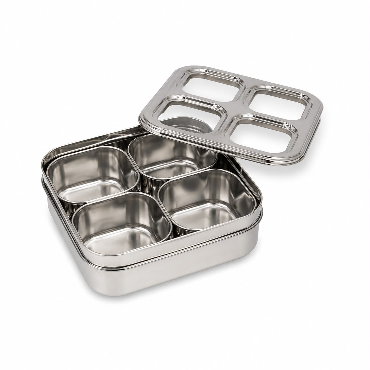 Square Stainless Steel Spice Box with 4 Removable Cups