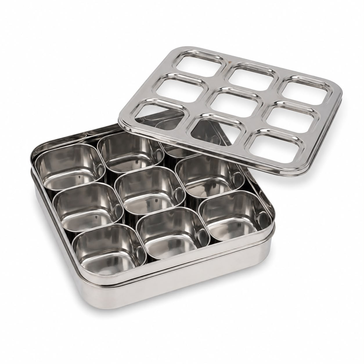 Square Stainless Steel Spice Box with 9 Removable Cups