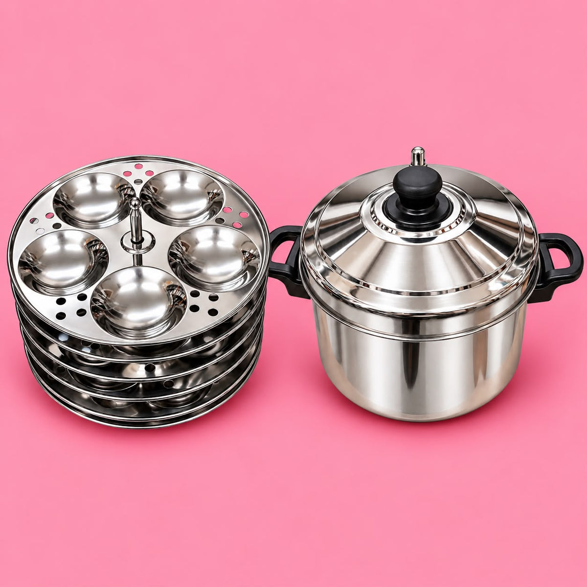 Complete stainless steel Idli Cooker set with six plates for 30 idlis