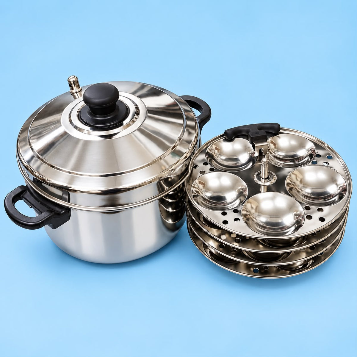 Stainless steel idli cooker pot with lid and black handles