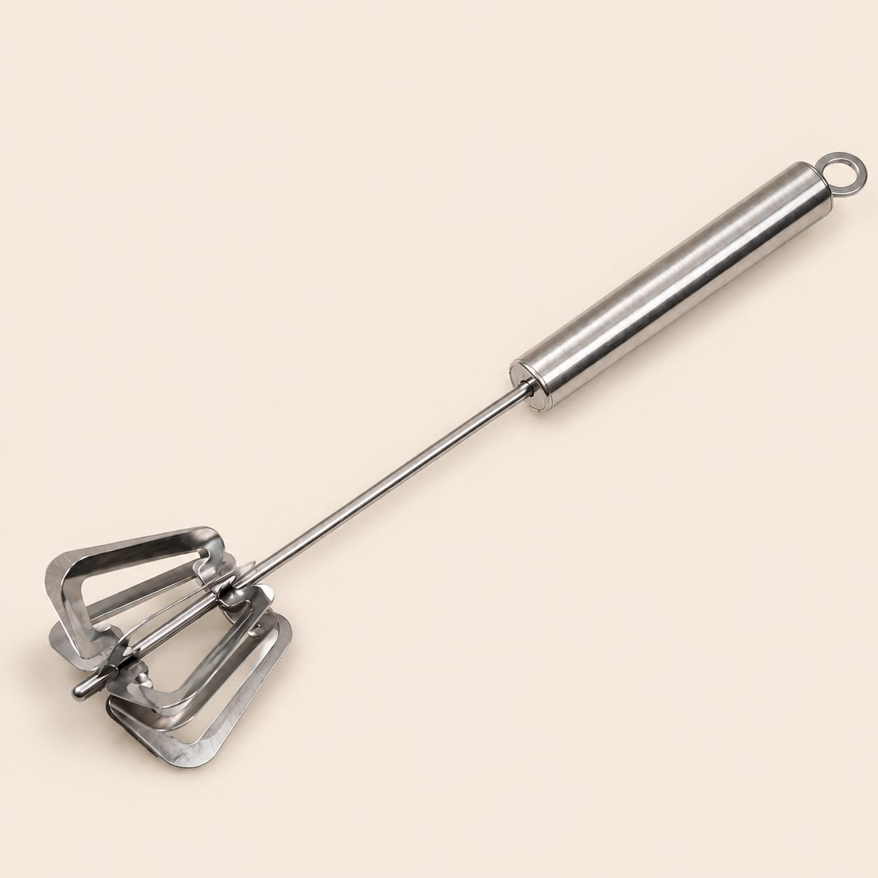 Stainless Steel Mechanical Kitchen Whisk with manual push-action mixer.