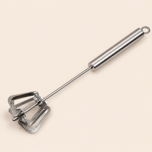 Stainless Steel Mechanical Kitchen Whisk with manual push-action mixer.