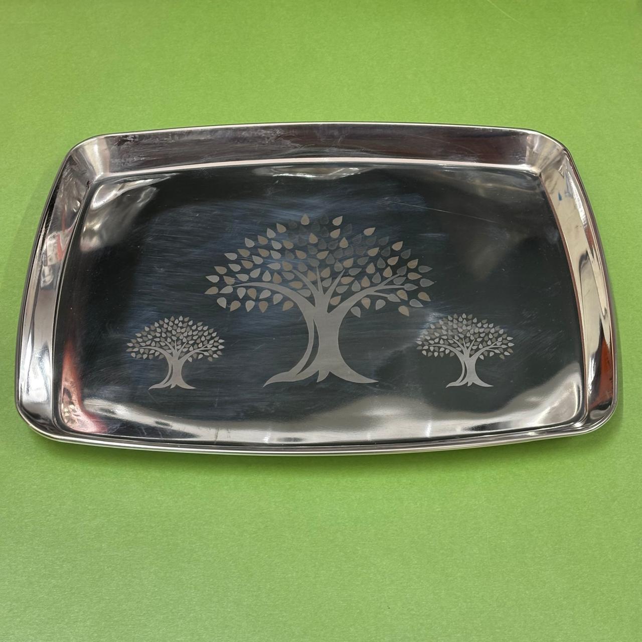 Stainless steel serving tray with elegant tree engraved design