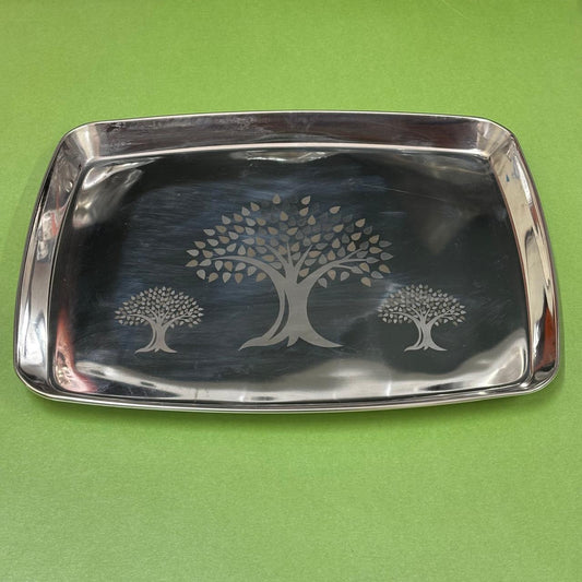 Stainless steel serving tray with elegant tree engraved design