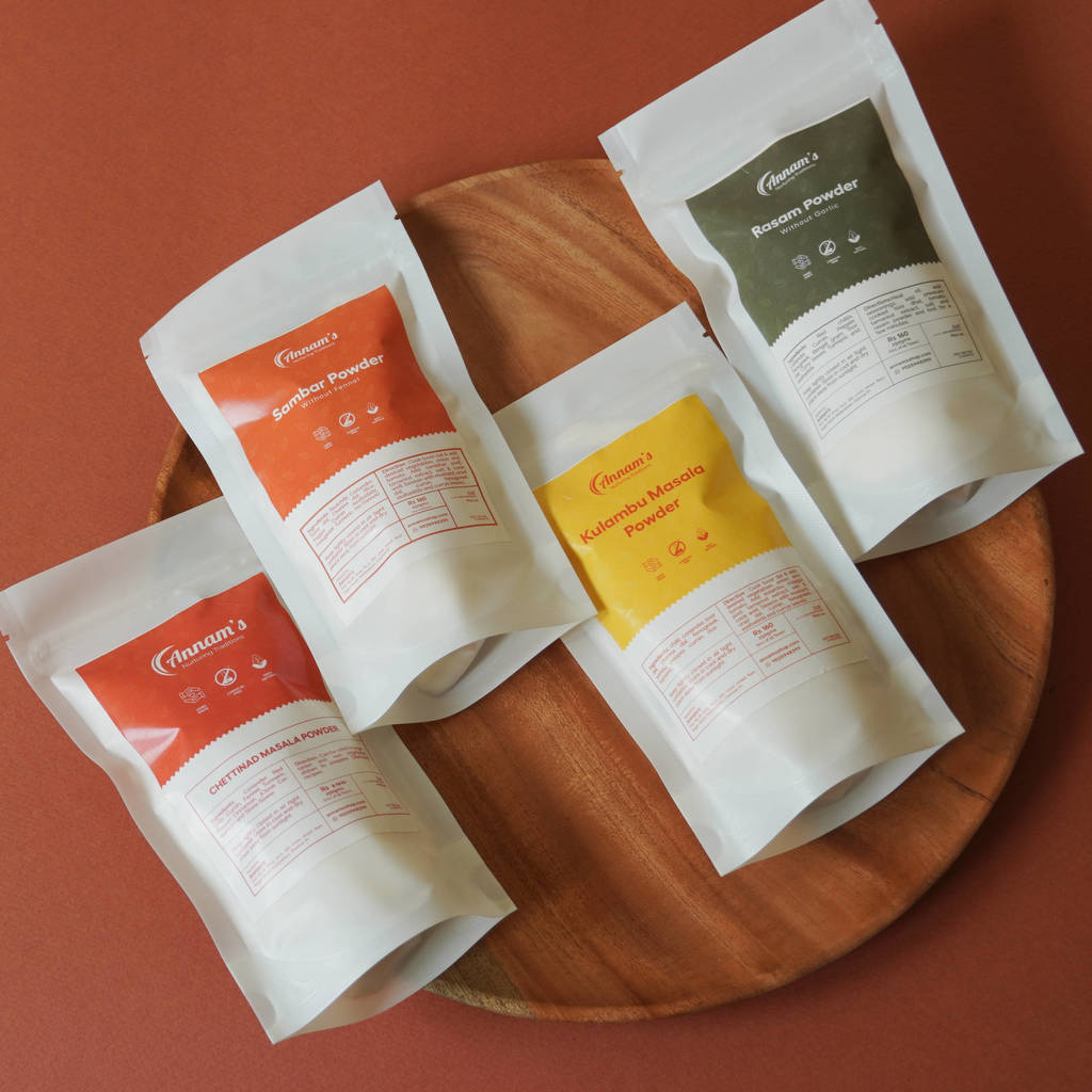 Annam's Super 4 Masala Combo – Sambar, Kulambu Chilli, Rasam and Curry Masala Powder, 250 g each